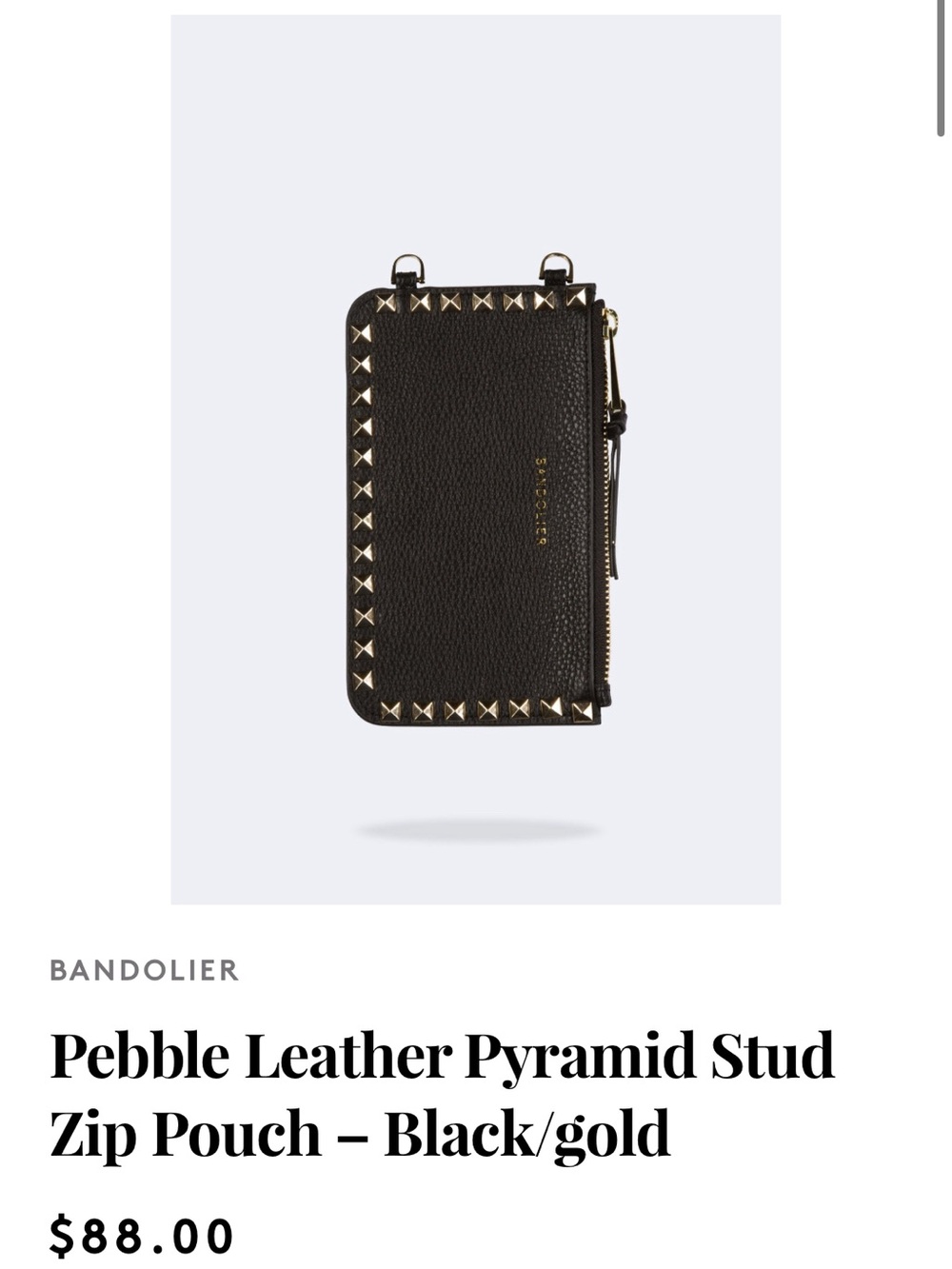 Bandolier Black Pebble Leather Pyramid Stud Zip Pouch with Gold Hardware